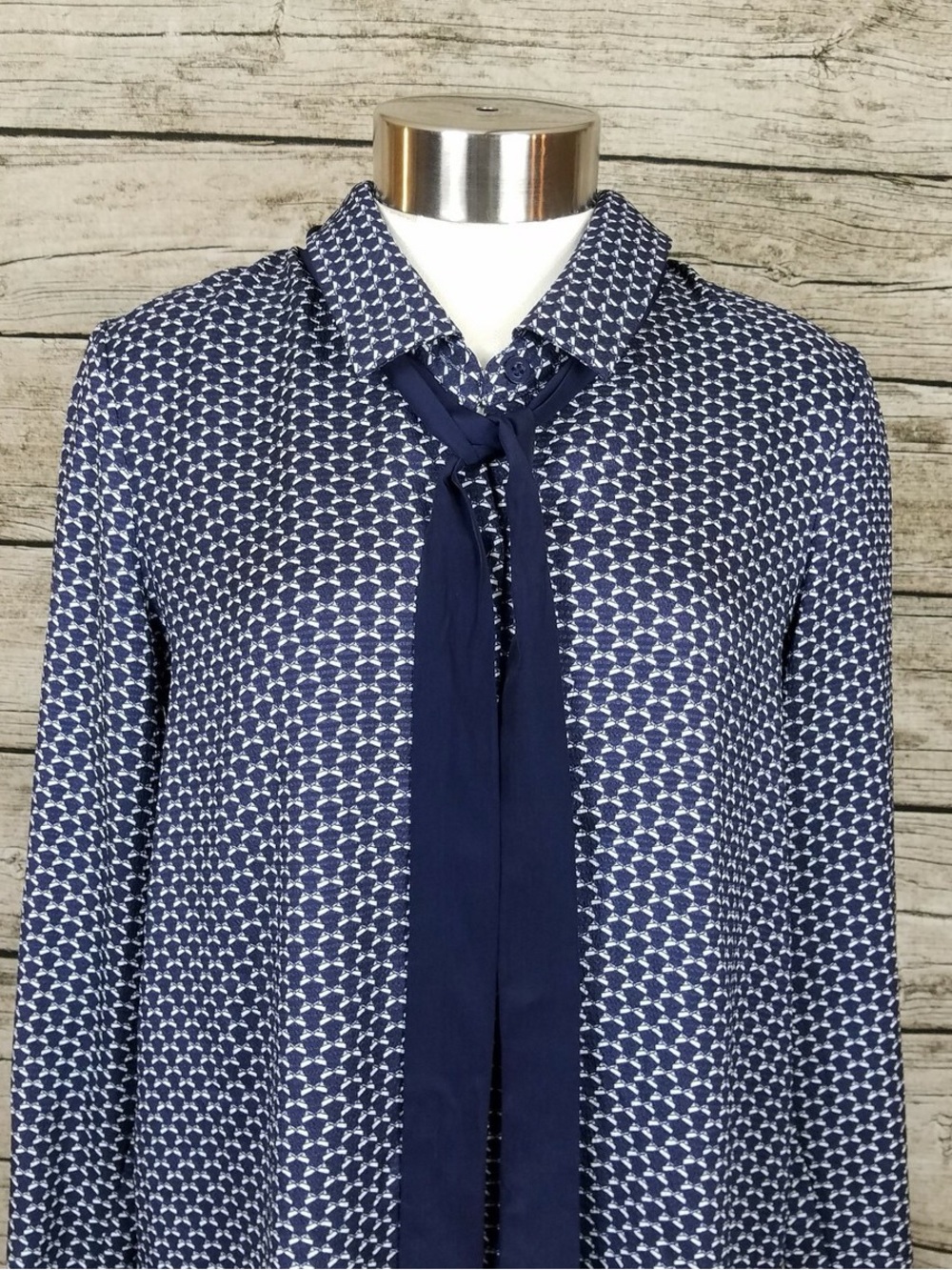 Navy Printed Tie-Neck Women's Blouse